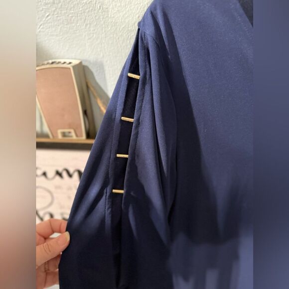 Michael Kors Vneck Navy Blue Shift Shit Dress Gold Open Sleeve Godm Features M - Picture 5 of 7